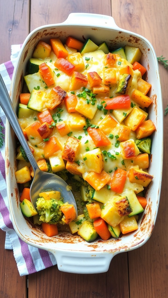 A cheesy vegetable gratin with zucchini, carrots, and broccoli, topped with golden cheese crust in a rustic dish.